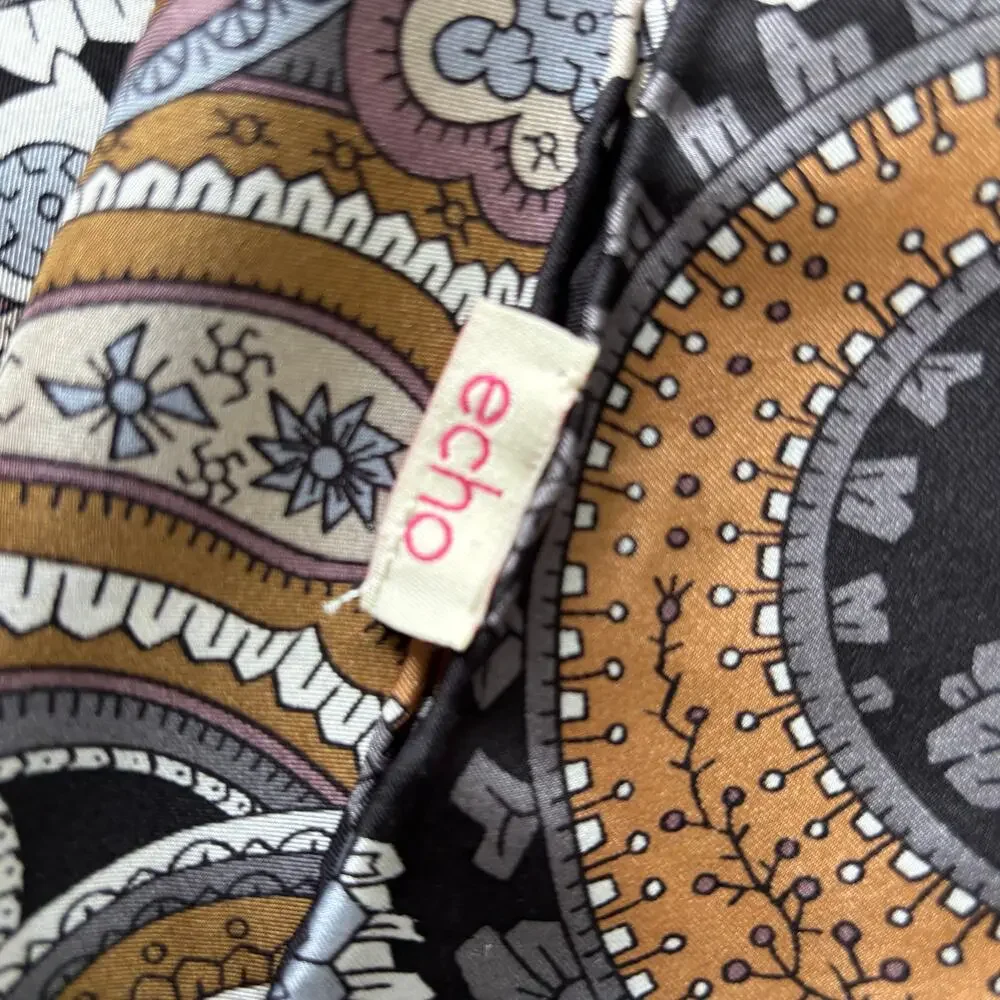 Vintage ECHO silk scarf black tan gray white paisley geometric 30